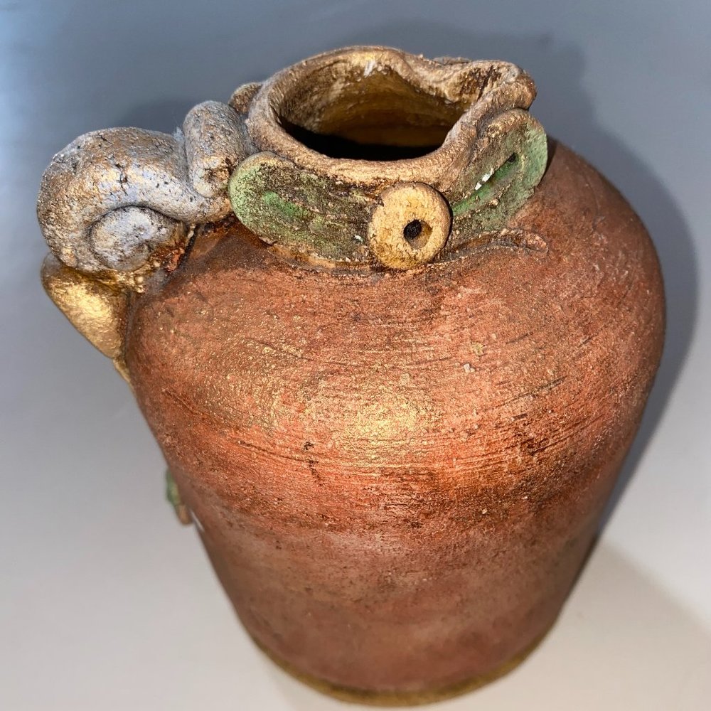 Sicily 1995 Small Pottery Pot with handle and pour spout crude. Stage home decor